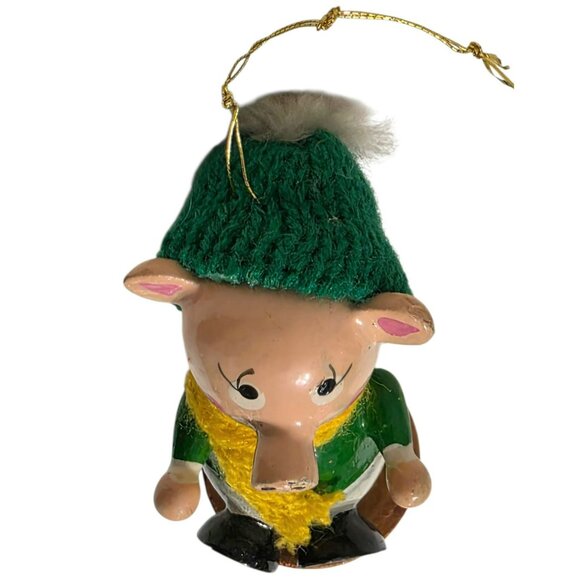 Vintage Wooden Pig Christmas Ornament Knit Hat Scarf Sled Kitsch Piglet Piggy 3" - Picture 4 of 8